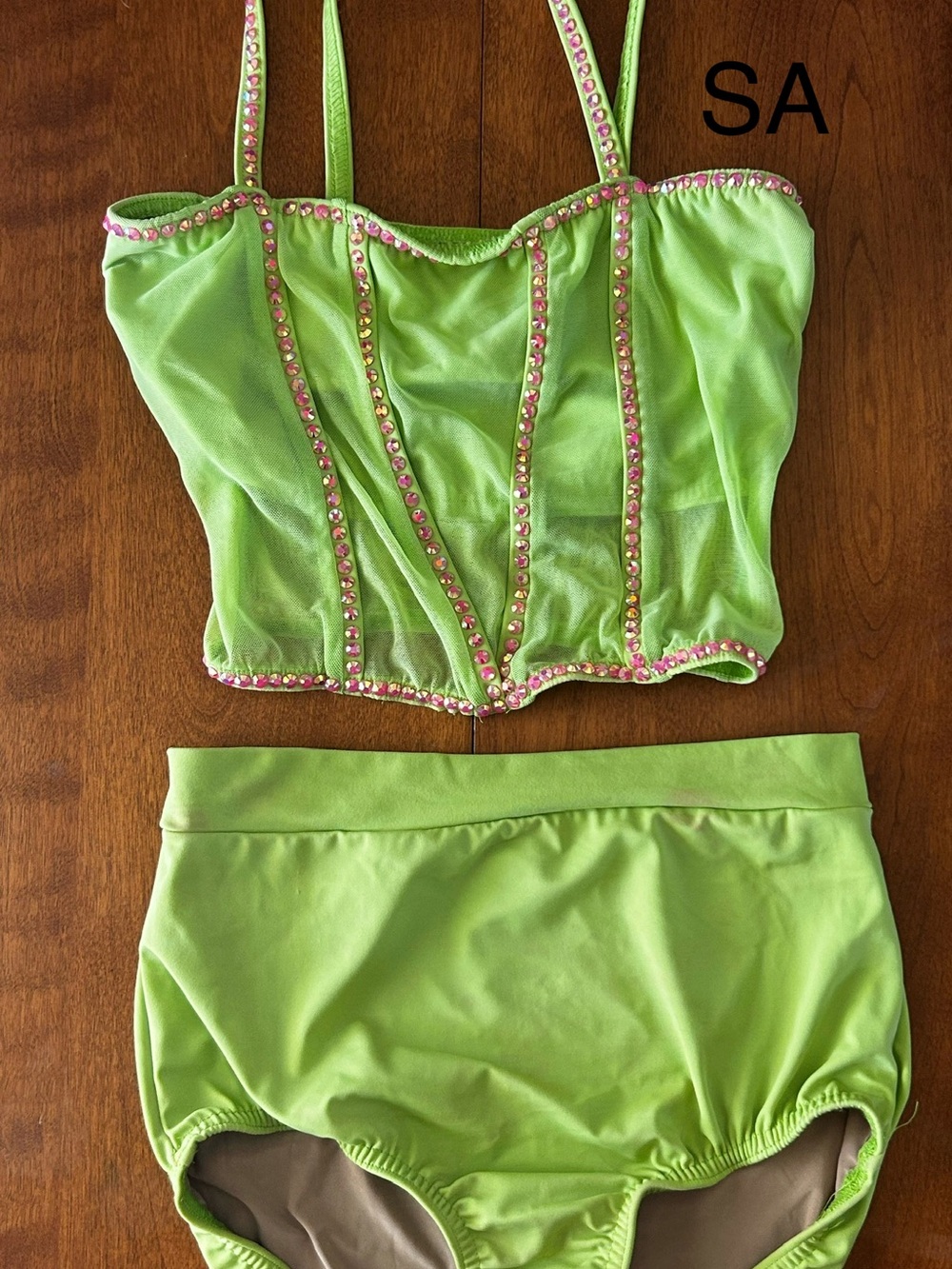Kelle Neon Green Embellished Dance Crop Top and High-Waist Brief Set. AS